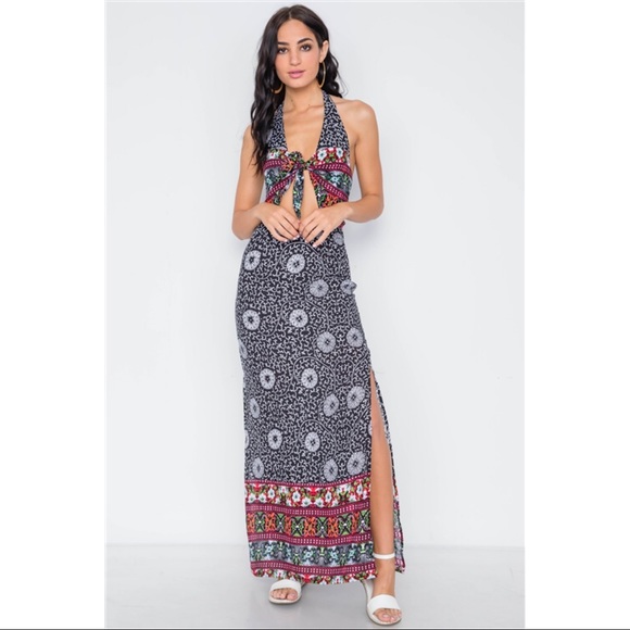 Lulumari Dresses & Skirts - Black Floral Paisley Print Site Slit Maxi Dress